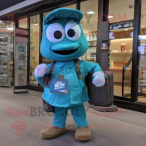 Teal Squash mascot costume character dressed with a Button-Up Shirt and Messenger bags