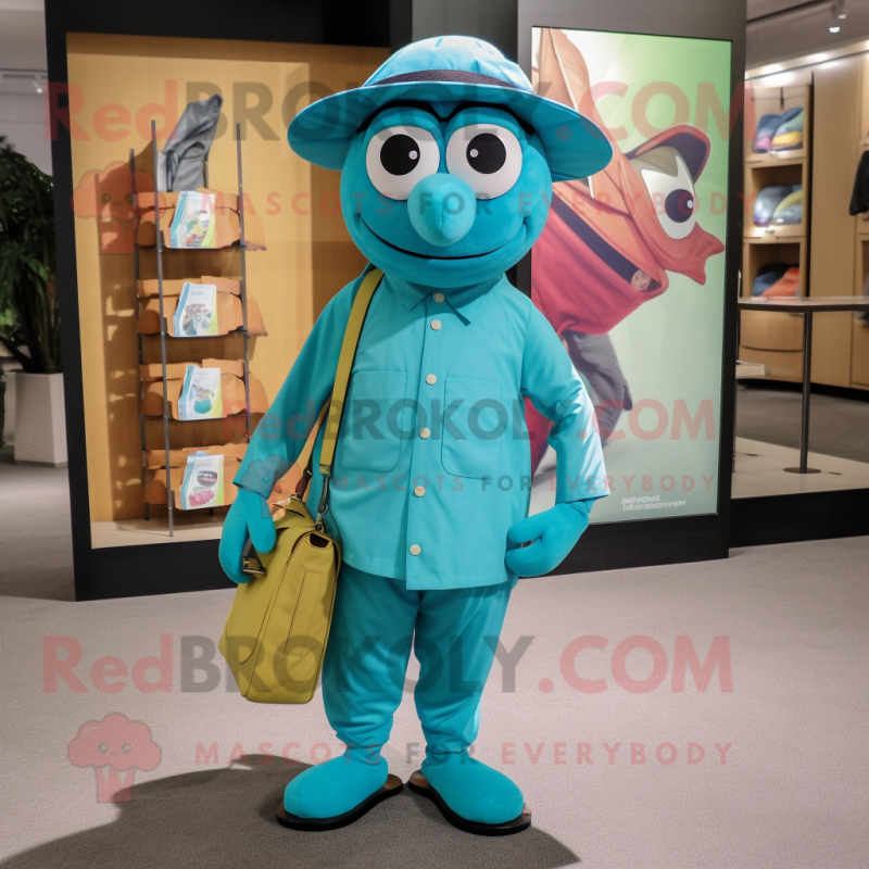 Teal Squash mascot costume character dressed with a Button-Up Shirt and Messenger bags