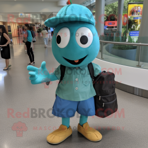 Teal Squash mascot costume character dressed with a Button-Up Shirt and Messenger bags
