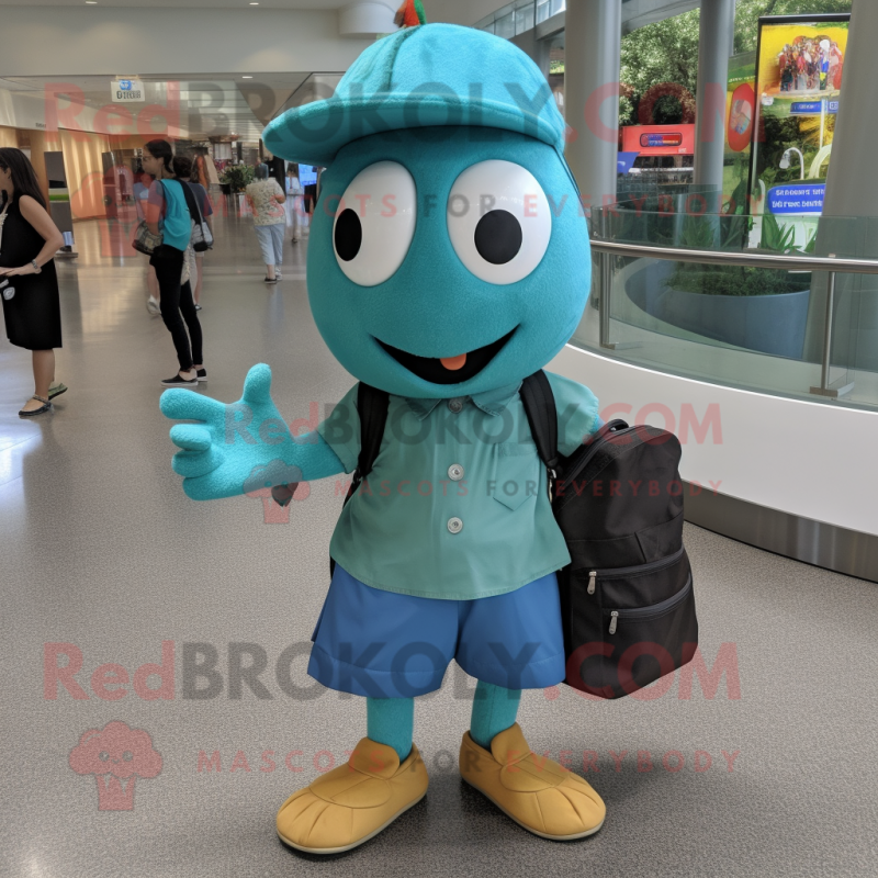 Teal Squash mascot costume character dressed with a Button-Up Shirt and Messenger bags