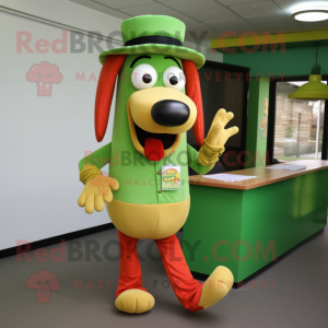 Green Hot Dog mascot costume character dressed with a Blouse and Hats