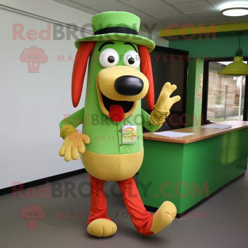 Green Hot Dog mascot costume character dressed with a Blouse and Hats Green Hot Dog mascot costume character dressed with a Blouse and Hats