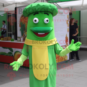 Green Hot Dog mascot costume character dressed with a Blouse and Hats