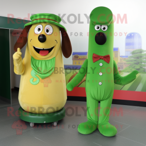 Green Hot Dog mascot costume character dressed with a Blouse and Hats