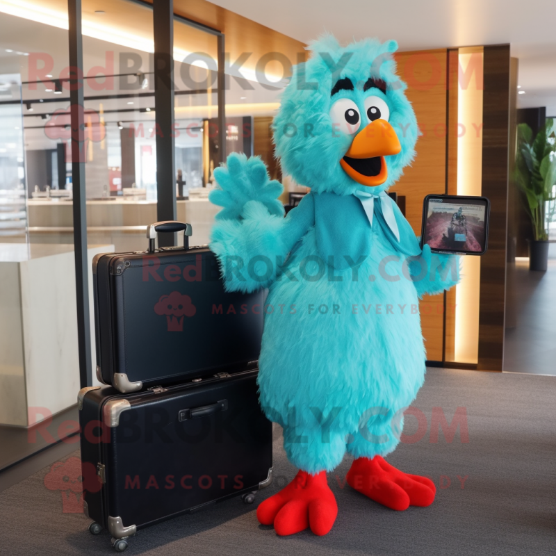 Turquoise Chicken Parmesan mascot costume character dressed with a Midi Dress and Briefcases