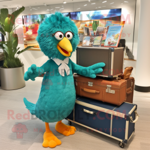 Turquoise Chicken Parmesan mascot costume character dressed with a Midi Dress and Briefcases