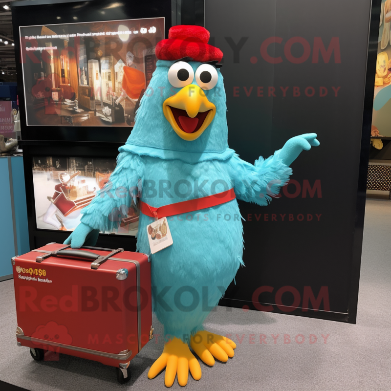 Turquoise Chicken Parmesan mascot costume character dressed with a Midi Dress and Briefcases