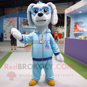 Sky Blue Dog mascot costume character dressed with a Sweatshirt and Eyeglasses