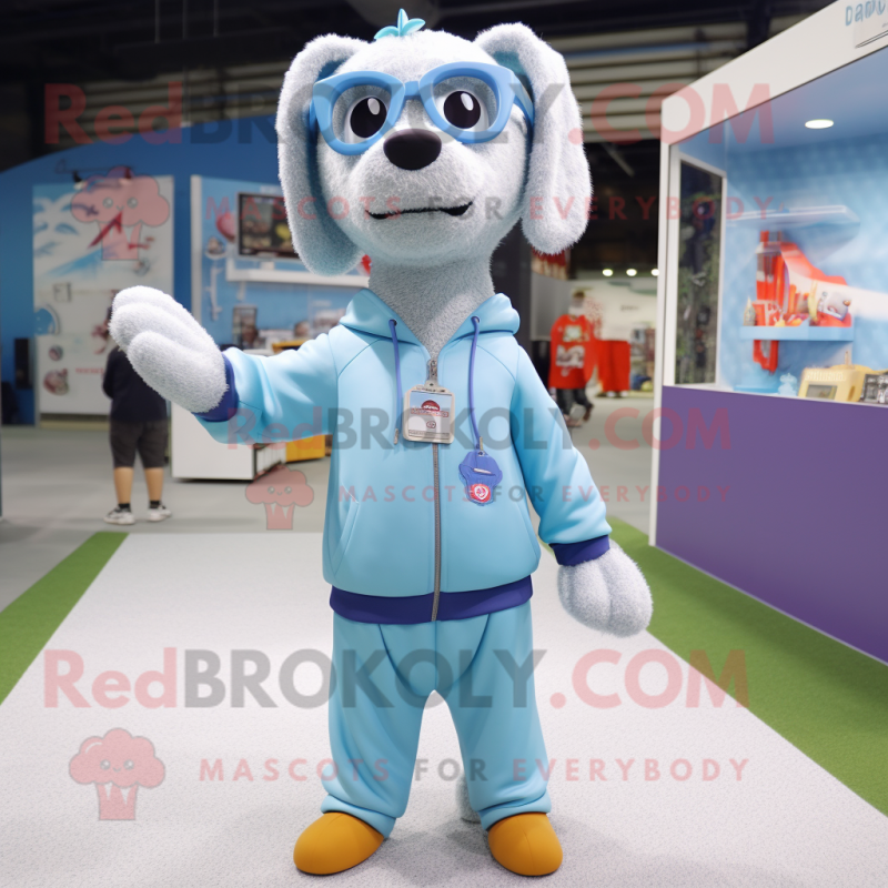 Sky Blue Dog mascot costume character dressed with a Sweatshirt and Eyeglasses Sky Blue Dog mascot costume character dressed with a Sweatshirt and Eyeglasses