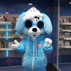 Sky Blue Dog mascot costume character dressed with a Sweatshirt and Eyeglasses