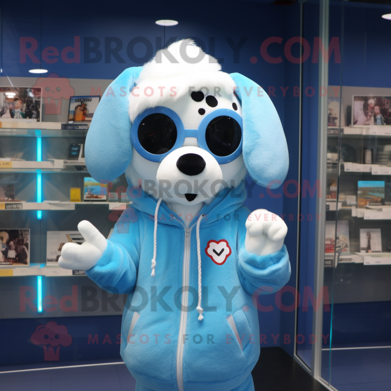 Sky Blue Dog mascot costume character dressed with a Sweatshirt and Eyeglasses Sky Blue Dog mascot costume character dressed with a Sweatshirt and Eyeglasses