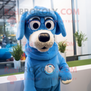 Sky Blue Dog mascot costume character dressed with a Sweatshirt and Eyeglasses