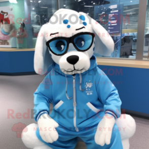 Sky Blue Dog mascot costume character dressed with a Sweatshirt and Eyeglasses