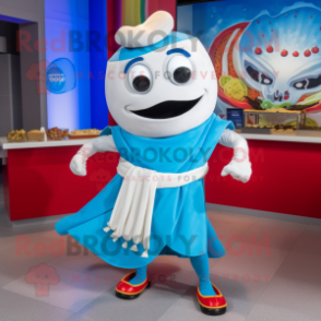 Sky Blue Fajitas mascot costume character dressed with a Joggers and Rings