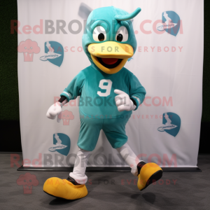 Teal Horseshoe mascot costume character dressed with a Running Shorts and Foot pads