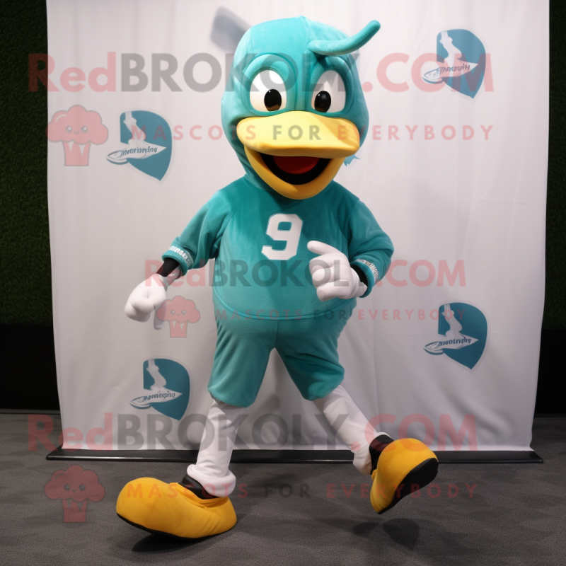 Teal Horseshoe mascot costume character dressed with a Running Shorts and Foot pads Teal Horseshoe mascot costume character dressed with a Running Shorts and Foot pads
