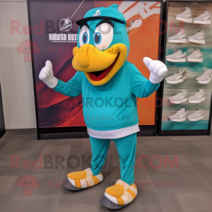 Teal Horseshoe mascot costume character dressed with a Running Shorts and Foot pads