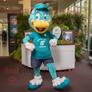 Teal Horseshoe mascot costume character dressed with a Running Shorts and Foot pads