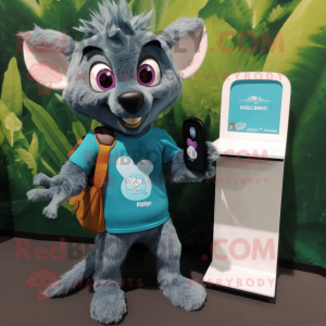 Teal Aye-Aye mascot costume character dressed with a Henley Shirt and Wallets