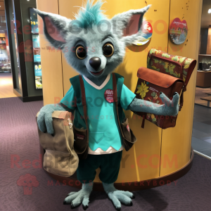 Teal Aye-Aye mascot costume character dressed with a Henley Shirt and Wallets