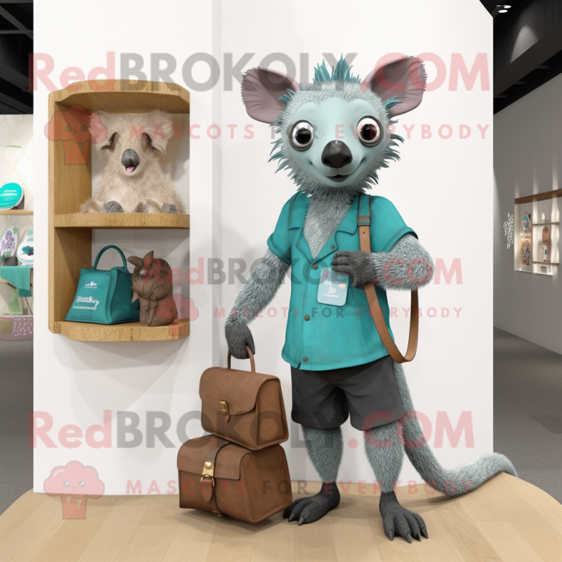 Teal Aye-Aye mascot costume character dressed with a Henley Shirt and Wallets Teal Aye-Aye mascot costume character dressed with a Henley Shirt and Wallets