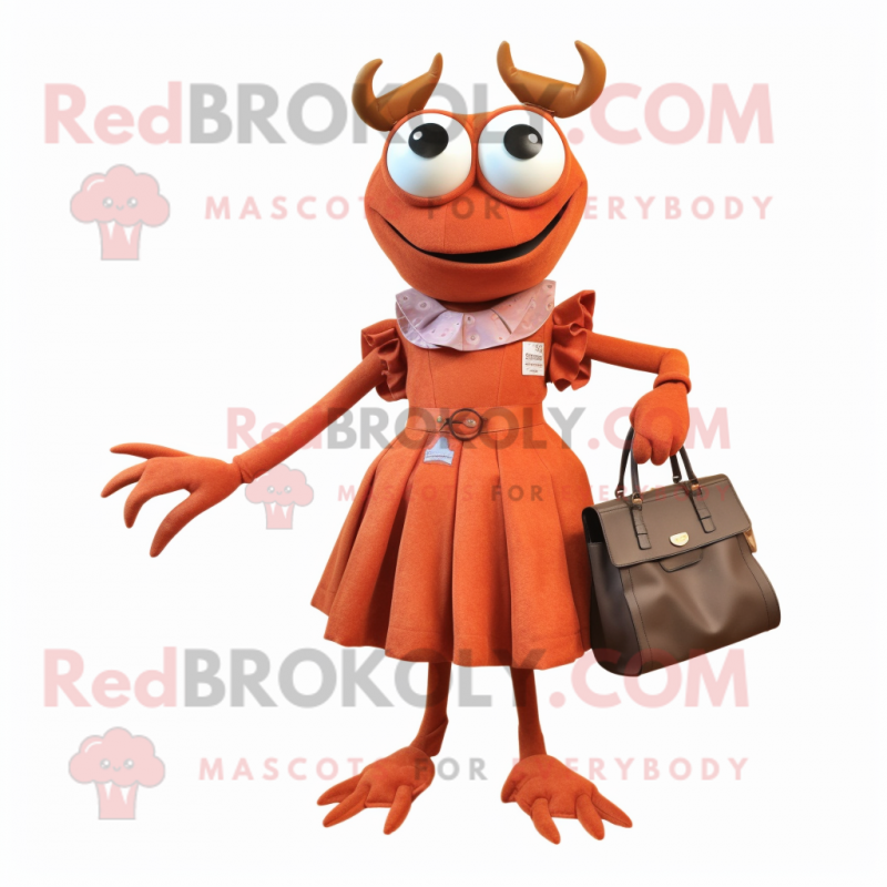 Rust Crab mascot costume character dressed with a Midi Dress and Handbags
