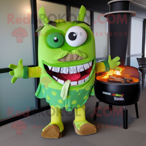 Lime Green Bbq Ribs mascot costume character dressed with a T-Shirt and Bow ties