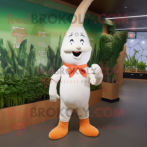 White Carrot mascot costume character dressed with a Chinos and Suspenders