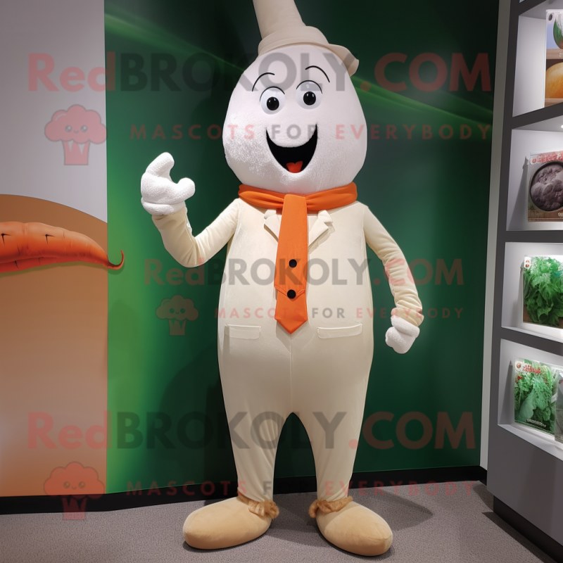 White Carrot mascot costume character dressed with a Chinos and Suspenders White Carrot mascot costume character dressed with a Chinos and Suspenders