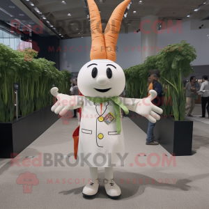 White Carrot mascot costume character dressed with a Chinos and Suspenders