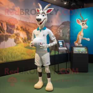 White Gazelle mascot costume character dressed with a Rugby Shirt and Bracelet watches