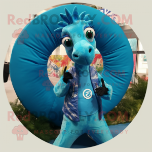 Cyan Sea Horse mascot costume character dressed with a Vest and Rings