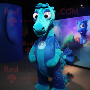 Cyan Sea Horse mascot costume character dressed with a Vest and Rings