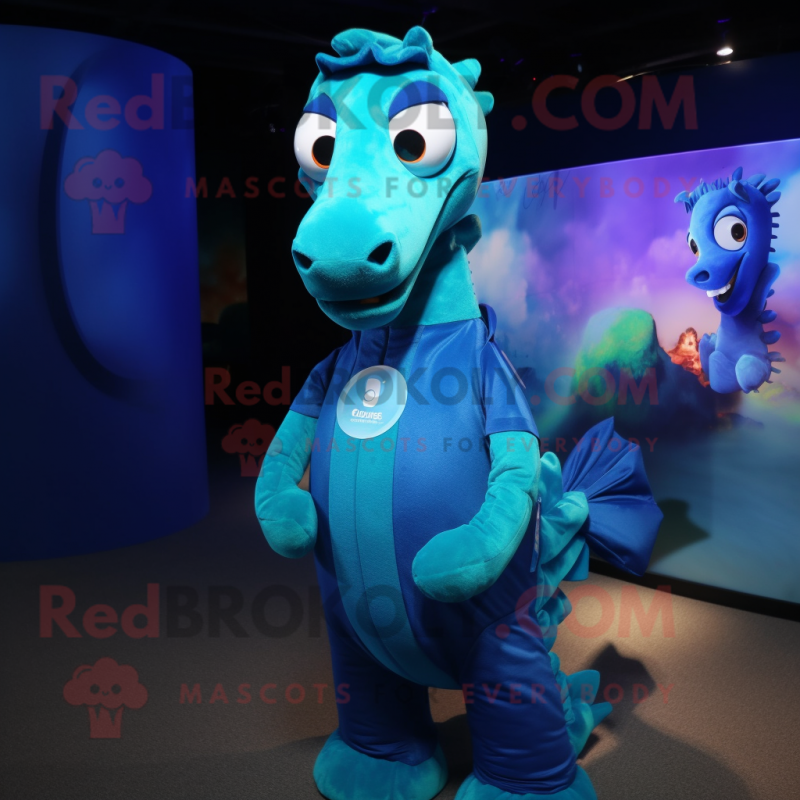 Cyan Sea Horse mascot costume character dressed with a Vest and Rings Cyan Sea Horse mascot costume character dressed with a Vest and Rings