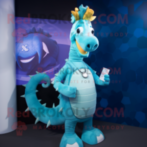 Cyan Sea Horse mascot costume character dressed with a Vest and Rings