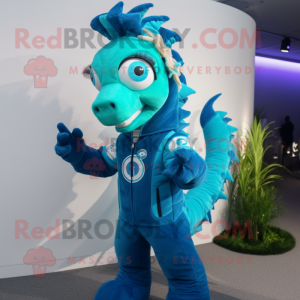 Cyan Sea Horse mascot costume character dressed with a Vest and Rings