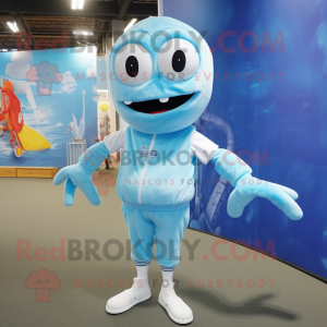 Sky Blue Shrimp Scampi mascot costume character dressed with a Joggers and Cufflinks