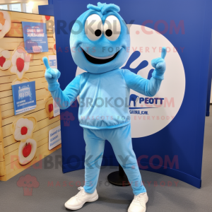 Sky Blue Shrimp Scampi mascot costume character dressed with a Joggers and Cufflinks