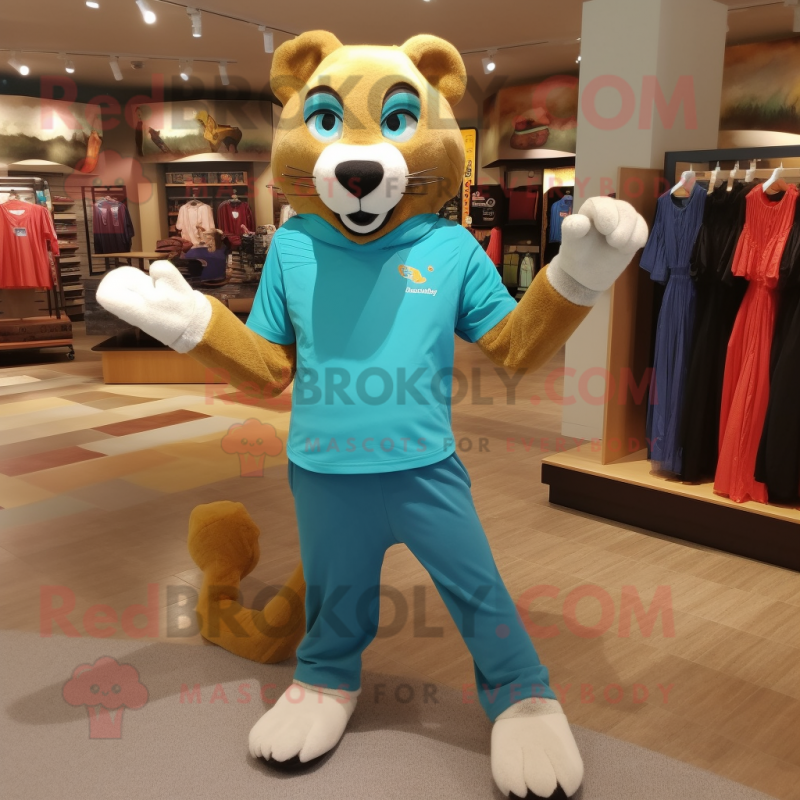 Turquoise Mountain Lion mascot costume character dressed with a Polo Tee and Foot pads Turquoise Mountain Lion mascot costume character dressed with a Polo Tee and Foot pads