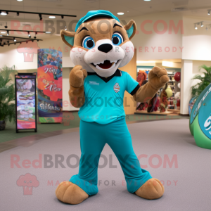 Turquoise Mountain Lion mascot costume character dressed with a Polo Tee and Foot pads