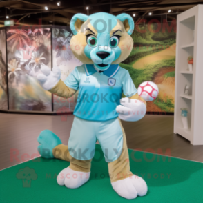 Turquoise Mountain Lion mascot costume character dressed with a Polo Tee and Foot pads