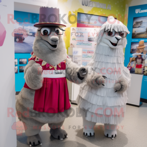 Silver Llama mascot costume character dressed with a Wrap Skirt and Berets