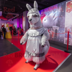 Silver Llama mascot costume character dressed with a Wrap Skirt and Berets