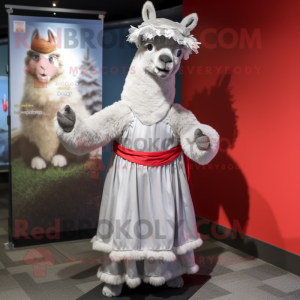 Silver Llama mascot costume character dressed with a Wrap Skirt and Berets