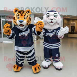 Navy Saber-Toothed Tiger mascot costume character dressed with a Shift Dress and Mittens