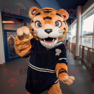 Navy Saber-Toothed Tiger mascot costume character dressed with a Shift Dress and Mittens
