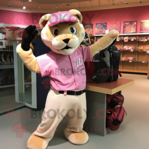Pink Mountain Lion mascot costume character dressed with a Baseball Tee and Handbags