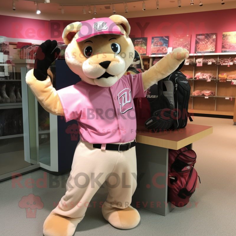 Pink Mountain Lion mascot costume character dressed with a Baseball Tee and Handbags Pink Mountain Lion mascot costume character dressed with a Baseball Tee and Handbags