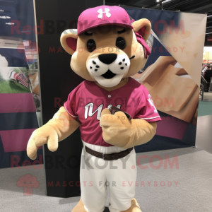 Pink Mountain Lion mascot costume character dressed with a Baseball Tee and Handbags