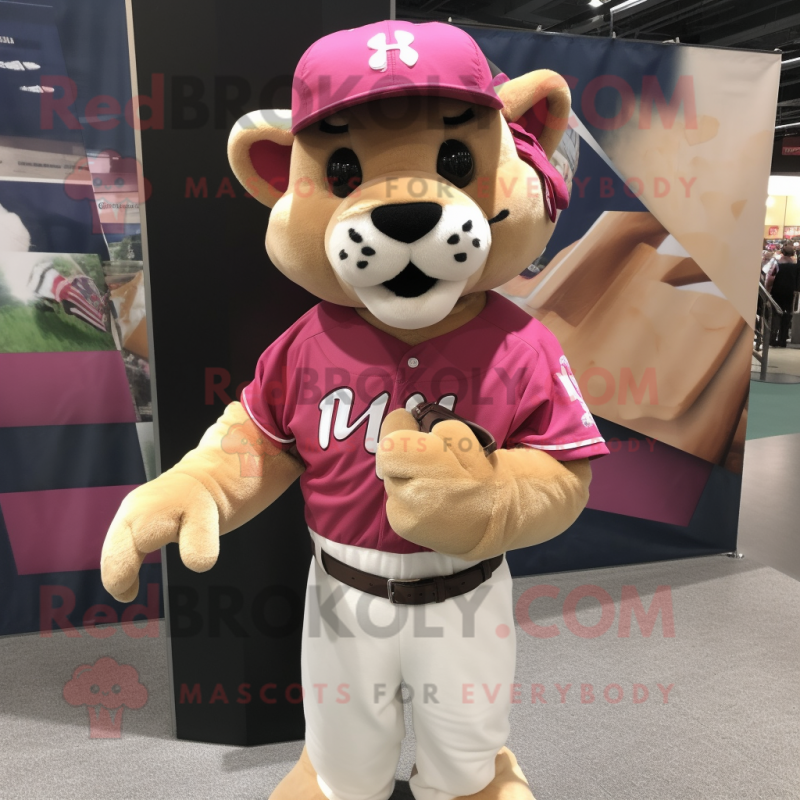 Pink Mountain Lion mascot costume character dressed with a Baseball Tee and Handbags Pink Mountain Lion mascot costume character dressed with a Baseball Tee and Handbags